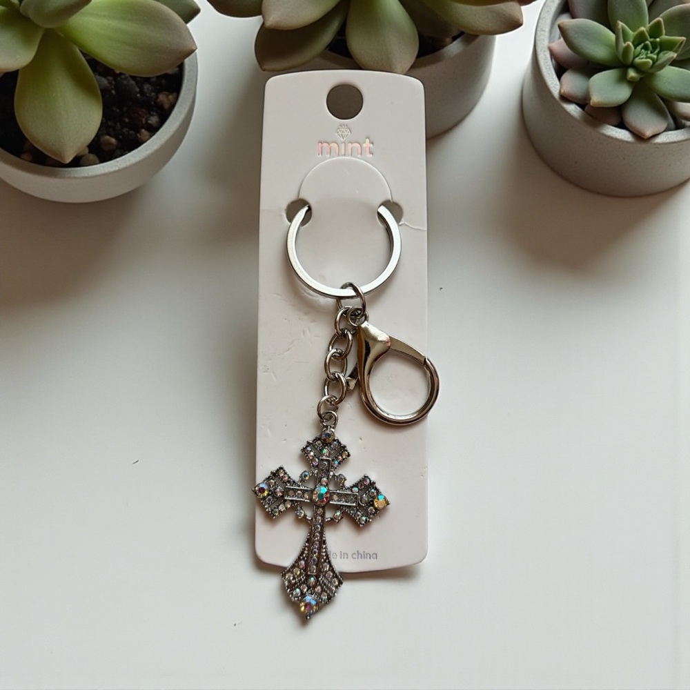 Mint Silver Cross Keychain/Bag Charm with Rhinestones
